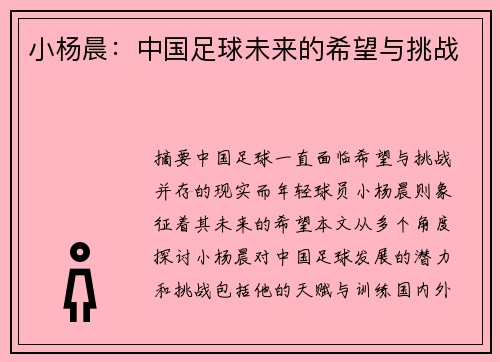 小杨晨：中国足球未来的希望与挑战