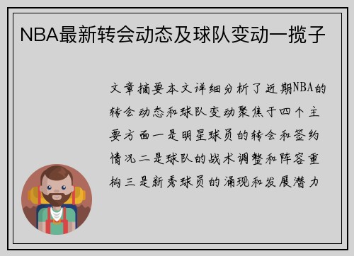 NBA最新转会动态及球队变动一揽子